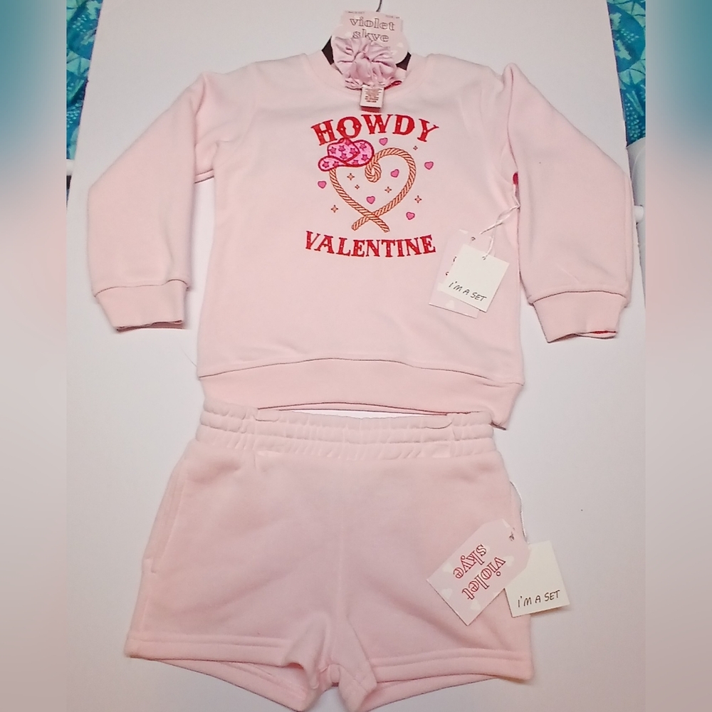 Violet Skye Toddler Outfit Set | 3-Piece Pink “Howdy Valentine” Sweatshirt 4T